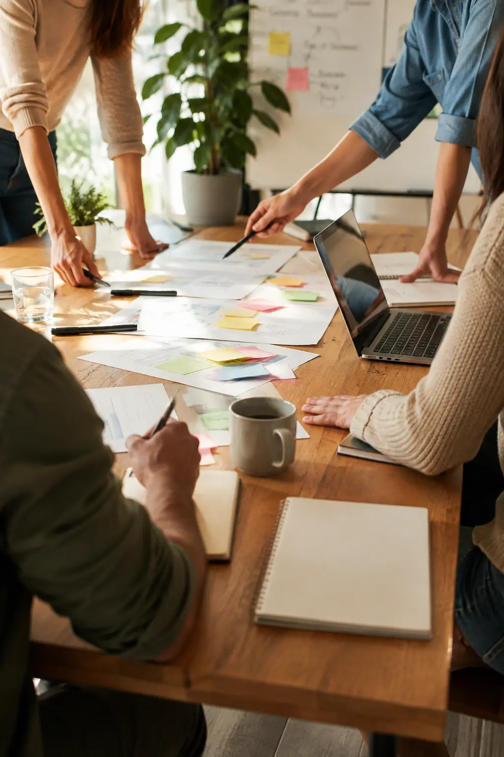 Réunion entre collaborateurs avec cahiers, post-it