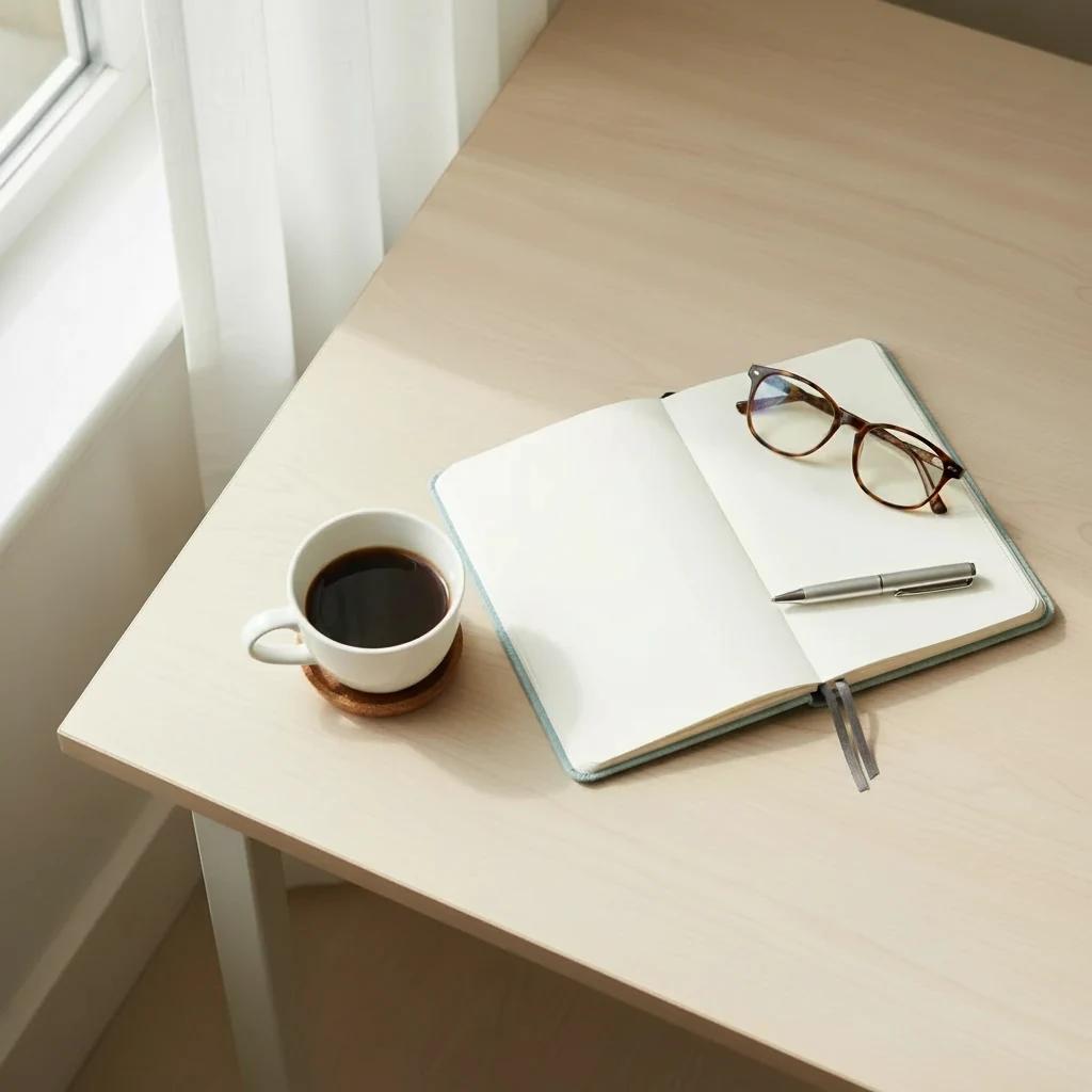 tasse à café posé sur une table avec un cahier ouvert et des lunettes
